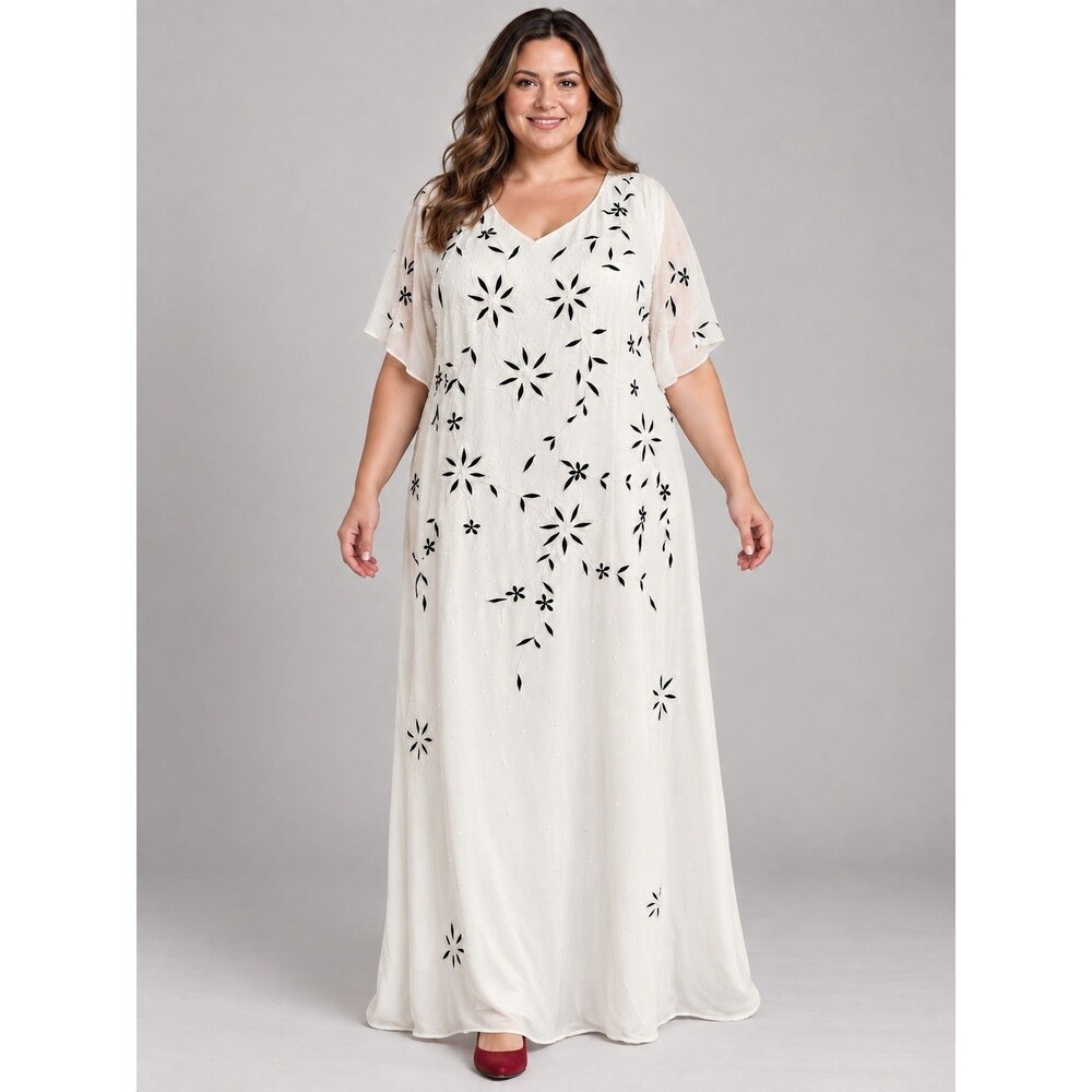 Women’s White Black Floral Beaded Sequin Caftan Maxi Dress V-Neck Formal Gown...